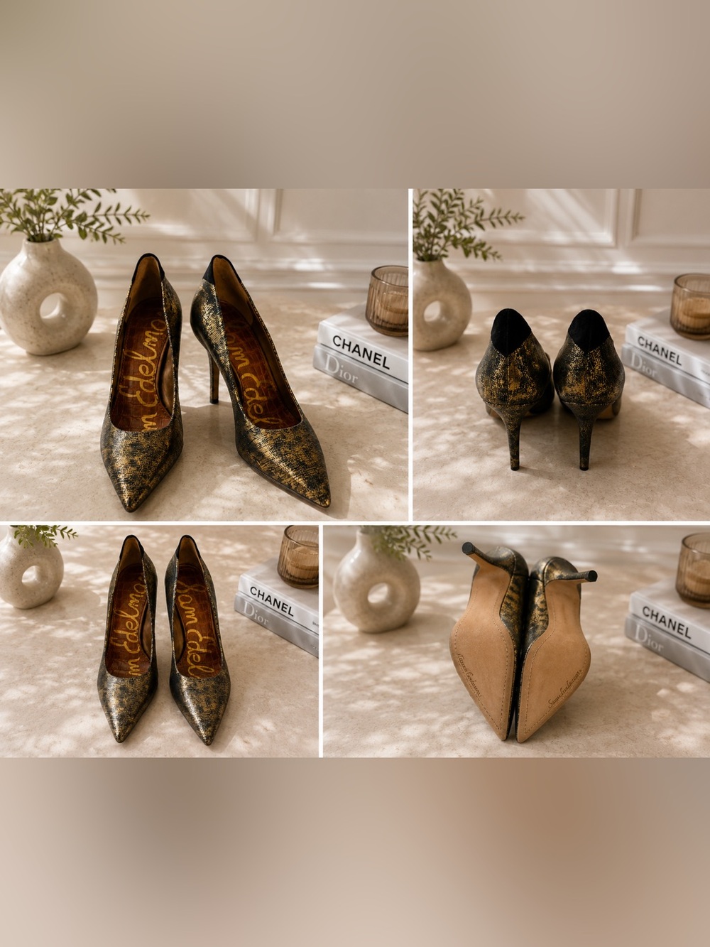 Sam Edelman Black and Gold Metallic Pointed Toe Stiletto Pumps